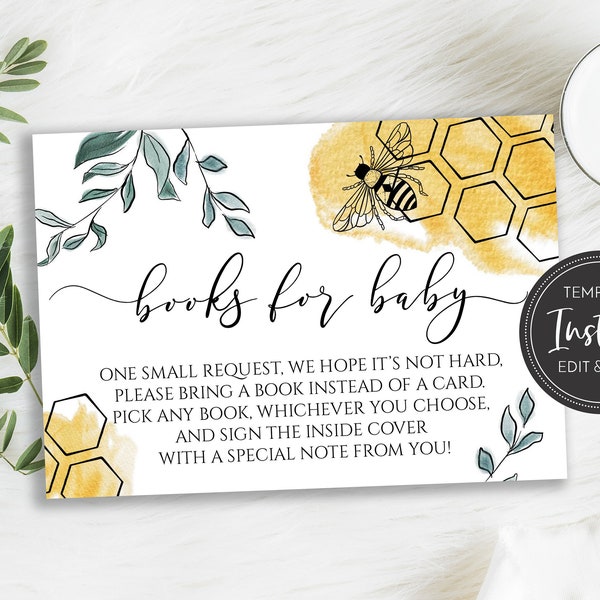 As Sweet as Can Bee Baby Shower Books for Baby Card, Bumble Bee Shower, Honey Comb, Printable Editable Template DIY, BA-189
