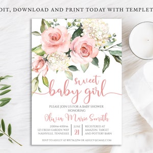 Blush Pink Roses Baby Shower Invitation, Sweet Baby Girl, Flowers, Floral, Printable Digital Instant Download Editable Template DIY, BA-62