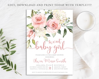 Blush Pink Roses Baby Shower Invitation, Sweet Baby Girl, Flowers, Floral, Printable Digital Instant Download Editable Template DIY, BA-62