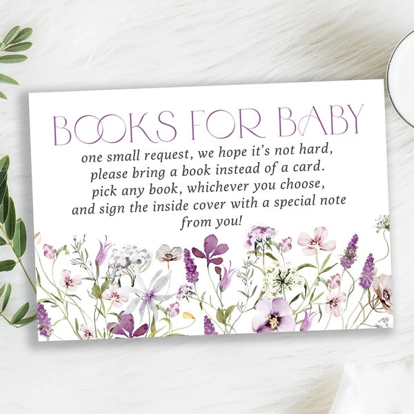 Lavender Purple Wildflowers Books for Baby Card Template, Purple Lilac Floral Baby Shower Baby's Library Card Digital Printable, BA-25