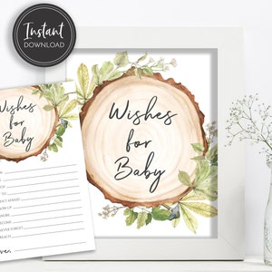 Deseos rústicos del bosque para el letrero y la tarjeta de la mesa del bebé, baby shower, descarga instantánea, bricolaje imprimible, BA-107