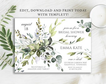 Greenery Bridal Shower Invitation, Elegant Wedding Shower Invite, Digital Instant Download Template, BR-92