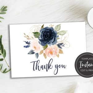 Blush Pink Navy Floral Thank You Card Template, Baby Shower, Bridal Shower, Flat and Folded, Digital Download, BA-212, BR-9