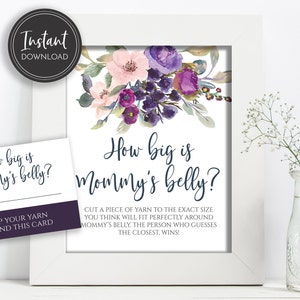 Floral roxo Quão grande é a barriga da mamãe Placa de chá de bebê e cartões de adivinhação, flores de lavanda, download digital instantâneo, BA-178, BA-180