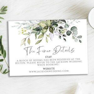 Modelo de cartão de detalhes de casamento com vegetação, inserção de convite personalizado, Templett, download digital instantâneo para impressão, WD-301