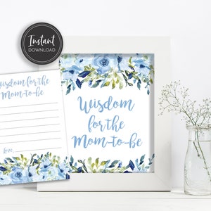 Carte et plaque de conseils florales bleues pour baby shower (téléchargement numérique)