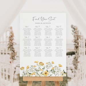 Plantilla de signo de tabla de asientos de boda de flores silvestres amarillas, vertical 24x36, póster de asientos de mesa, descarga instantánea, Templett, WD-305