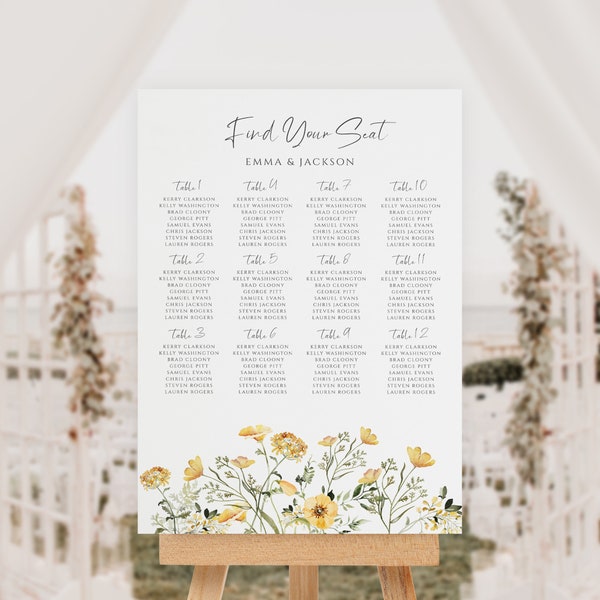 Yellow Wildflower Wedding Seating Chart Sign Template, Vertical 24x36, Table Seating Poster, Instant Download, Templett, WD-305