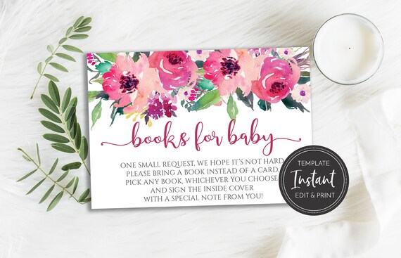 Hot Pink Floral Books for Baby Card Template, Baby Shower Baby Library ...