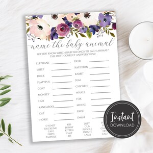 Guess the Baby Animal Baby Shower Game, Purple Baby Shower Game, Instant Download, Printable Game, BA-94