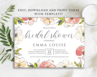 Blush Bridal Shower Invitation, Pink Floral Wedding Shower Invite, Digital Instant Download Template, BR-136