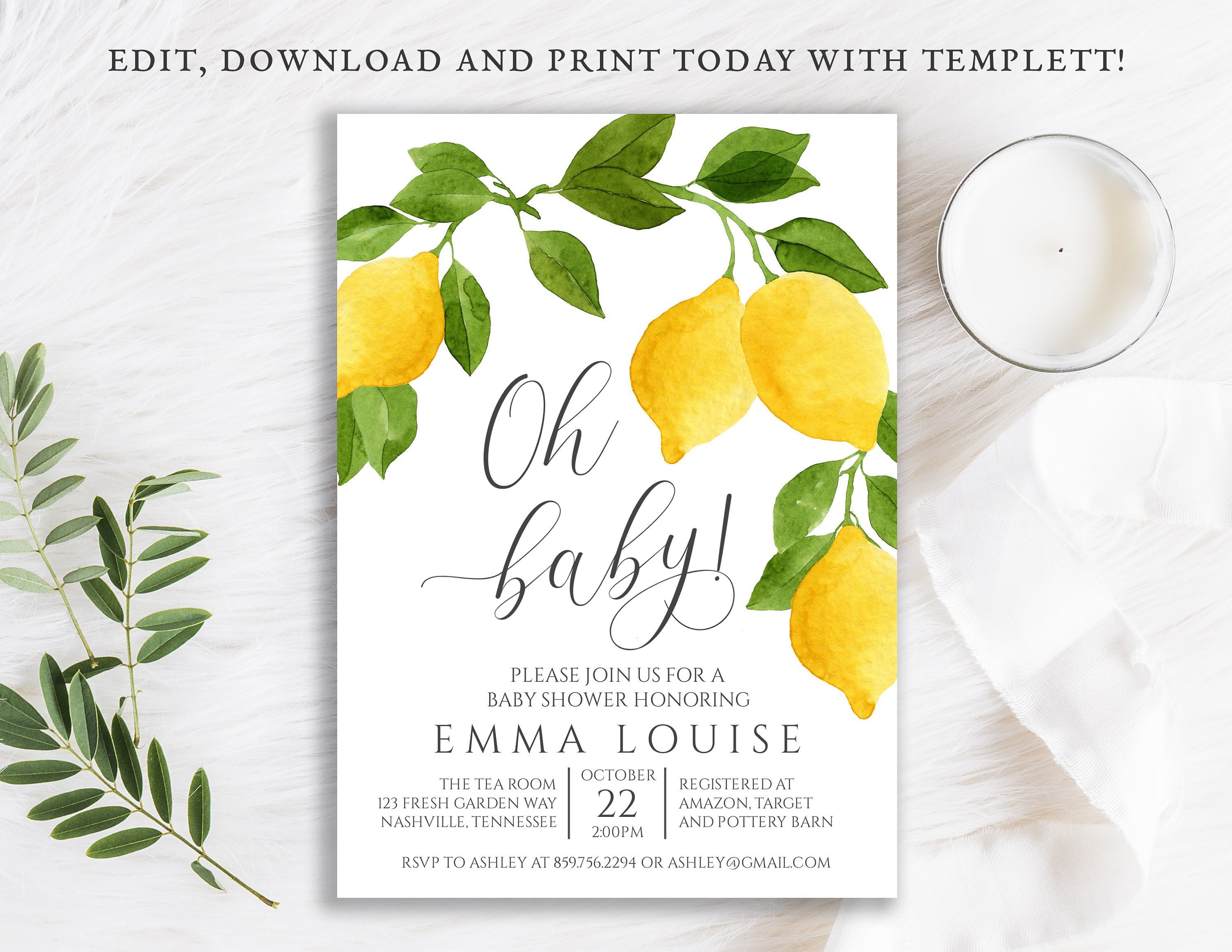 Instant Download 7 x 10 Gender Neutral Editable Lemons Main Squeeze Bridal Shower Thank You Card