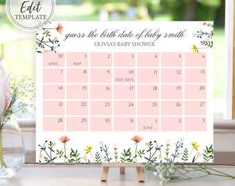 Wildflower Guess Baby's Due Date Calendar Template, Baby Shower Game, 8x10 Print, 16x20 Sign, Digital Download Editable, BA-58