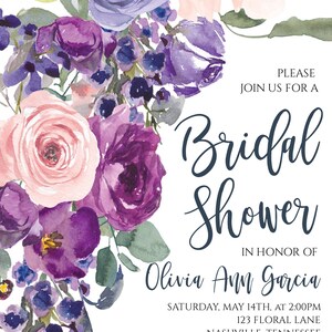 Bridal Shower Invitation Purple, Plum, Lilac, Lavender, Violet, Blush, Floral Wild Flowers, Template Wedding Digital Printable, BR-8 image 7