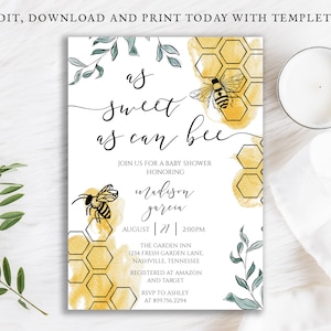 As Sweet as Can Bee Baby Shower Invitation, Bumble Bee Shower, Honey Comb, Printable Digital Download Editable Template DIY, BA-189 image 1