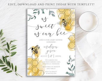 As Sweet as Can Bee Baby Shower Invitation, Bumble Bee Shower, Honey Comb, Printable Digital Download Editable Template DIY, BA-189