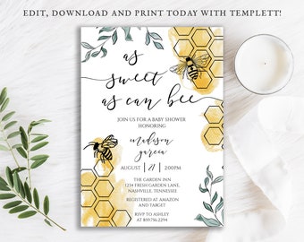 As Sweet as Can Bee Baby Shower Invitation, Bumble Bee Shower, Honey Comb, Printable Digital Download Editable Template DIY, BA-189