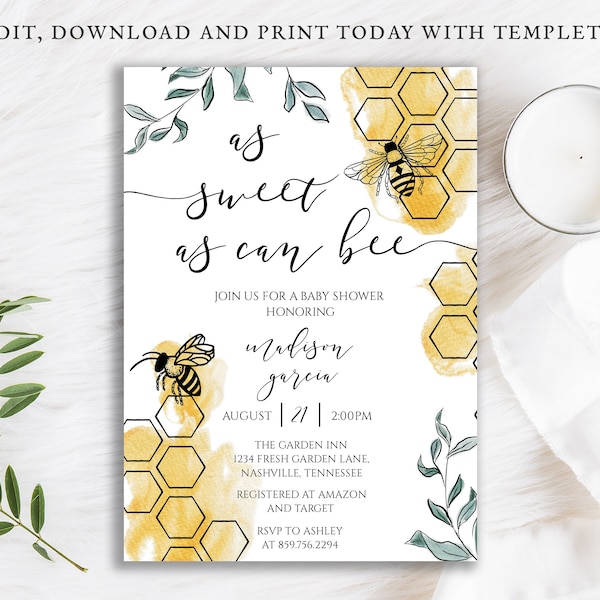 As Sweet as Can Bee Baby Shower Invitation, Bumble Bee Shower, Honey Comb, Printable Digital Download Editable Template DIY, BA-189