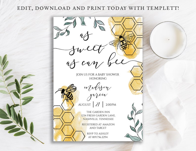 As Sweet as Can Bee Baby Shower Invitation, Bumble Bee Shower, Honey Comb, Printable Digital Download Editable Template DIY, BA-189 image 1