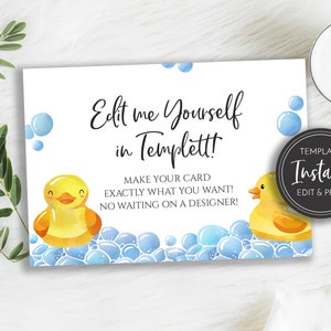 Szablon karty szczegółów z gumową kaczuszką, karta szczegółów na baby shower, niebieski, żółty, kaczki, bąbelki, kąpiel, pobieranie cyfrowe, BA-149