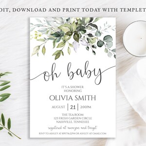 Greenery Baby Shower Invitation, Gender Neutral, Green Digital Instant Download, Template, BA-211
