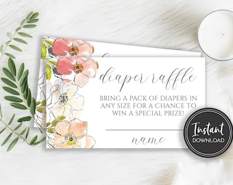 Anemone Diaper Raffle Card Template, Pink Floral Baby Shower Diaper Request Insert, Templett, Printable Instant Digital Download, BA-172