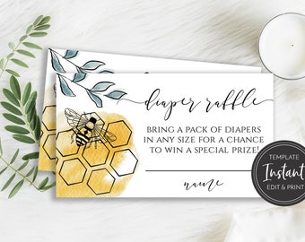 As Sweet as Can Bee Baby Shower Diaper Raffle Card, Bumble Bee Shower, Honey Comb, Printable Editable Template DIY, BA-189