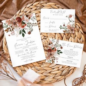 Pacote de convite de casamento Boho Wildflower, convite, RSVP, cartão de detalhes, rústico, laranja queimada, Boho, modelo de download digital, WD-308