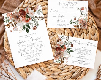 Boho Wildflower Wedding Invitation Bundle, Invite, RSVP, Details Card, Rustic, Burnt Orange, Bohemian, Digital Download Template, WD-308