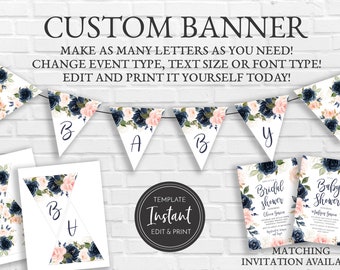 Blush Navy Floral Banner, Baby Shower, Bridal Shower, Edit Yourself, DIY Editable Template, Printable, BA-71, BR-55