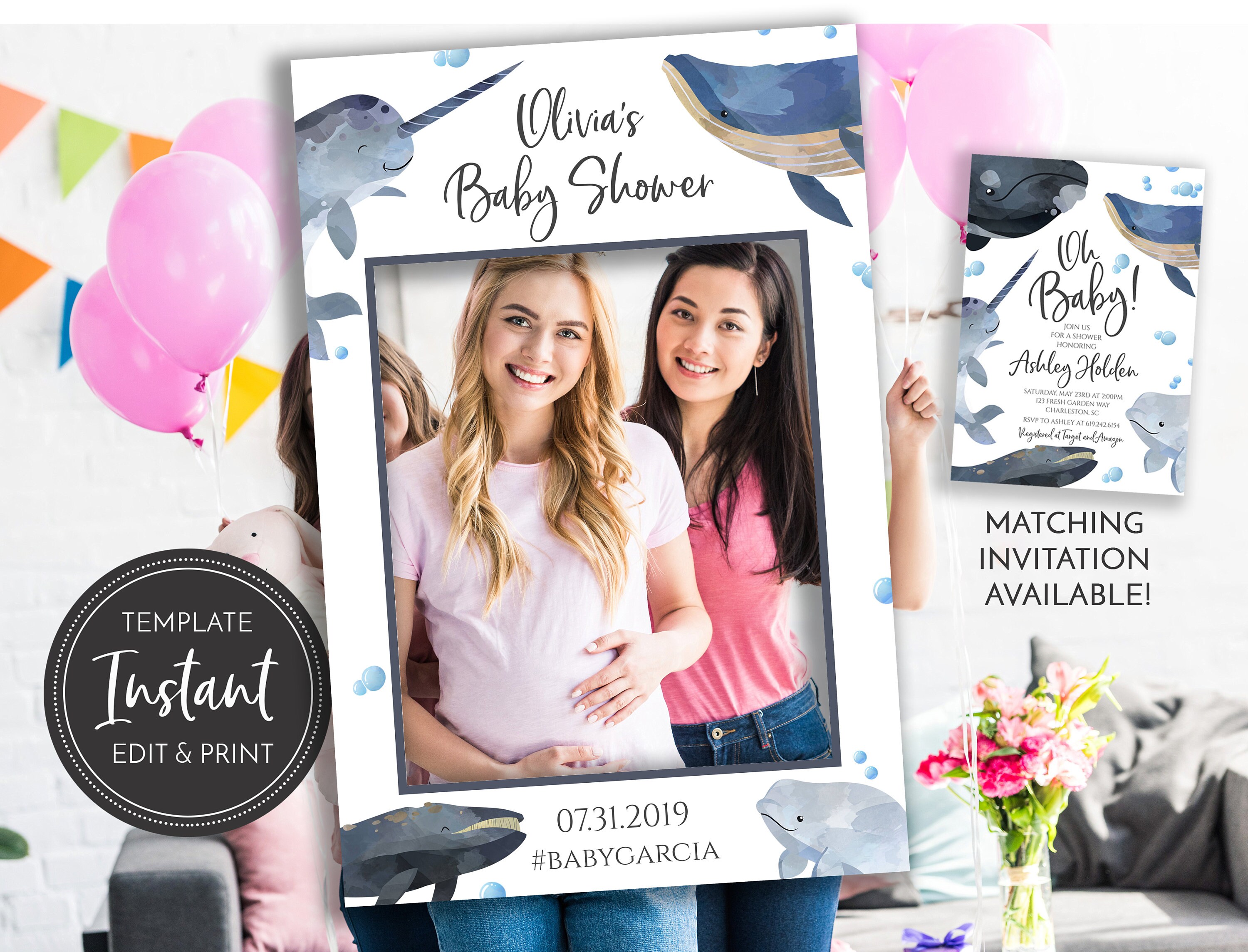 Whale Narwhal Baby Shower Photo Booth Frame Prop Baby Boy Sea Ocean Theme Blue Gray Digital Instant Download Editable