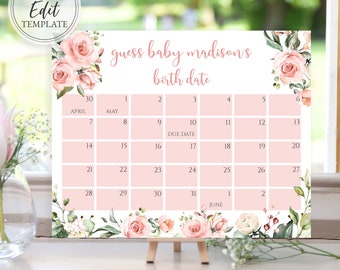 Blush Pink Roses Baby Shower Due Date Calendar Template, Guess Baby's Birthday, 8x10 and 16x20, Digital Instant Download Editable, BA-62