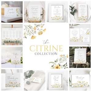 Conjunto de paquetes de bodas de flores silvestres amarillas, invitación, confirmación de asistencia, detalles, letreros, tabla de asientos, menú, números, plantillas, WD-305