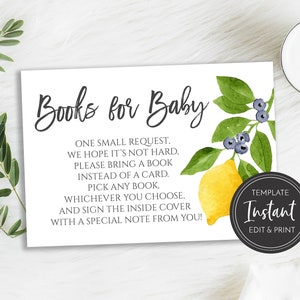 Livros principais de limão para modelo de cartão de bebê, inserção de solicitação de livro de chá de bebê, download digital, impressão DIY, BA-176