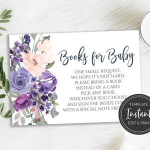 Libros morados para plantilla de tarjeta de bebé, biblioteca de bebé de ducha de bebé de lavanda violeta insertar flores de rubor, imprimible, BA-178, BA-180