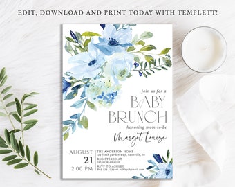 Junge Baby Brunch Einladung, blaue Blumen Brunch einladen, blaue Blumen, digitaler Sofort-Download-Vorlage, DIY druckbar, BA-69