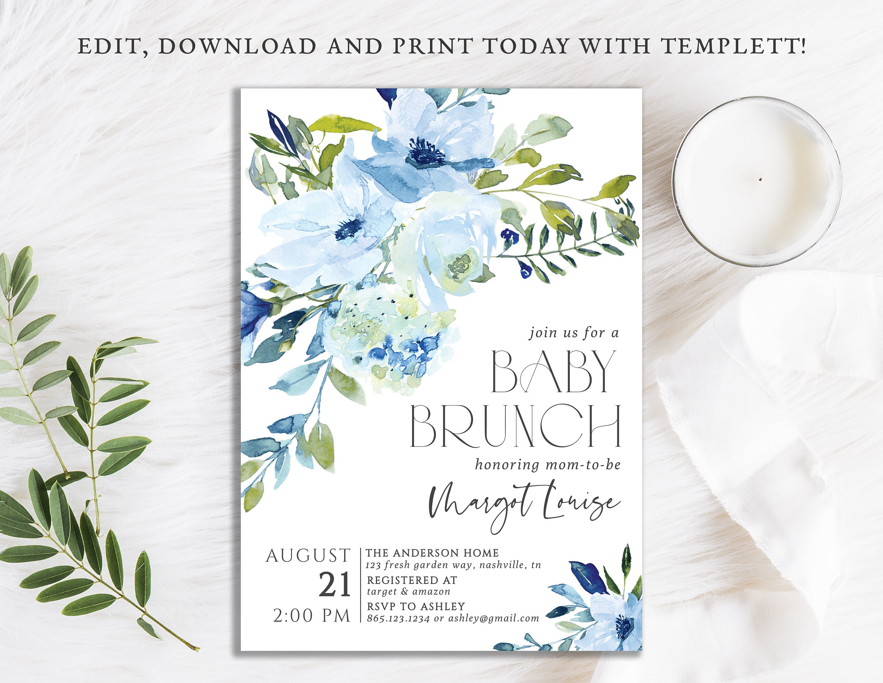 Blue Floral Baby Brunch Invitation: DIY Template (digital Download) - Etsy, image size:3000x2318