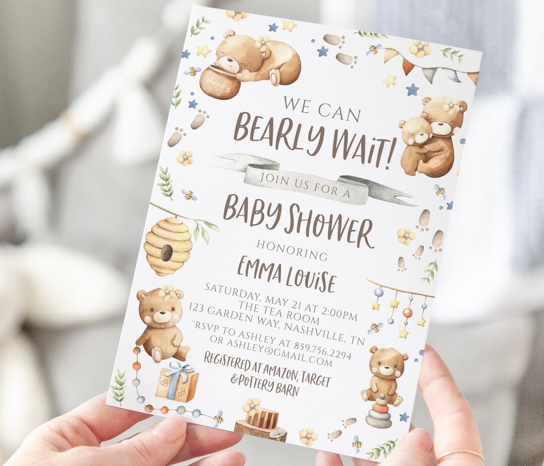 Teddy Bear Baby Shower Invitation, We Can Bearly Wait, Template, Baby