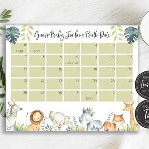 Jungle Safari Animals Baby Shower Due Date Calendar Template, Guess Baby's Birthday, 8x10 and 16x20, Digital Download Editable, BA-BA-85 image 2