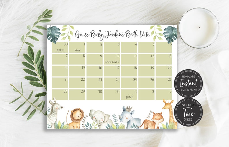 Jungle Safari Animals Baby Shower Due Date Calendar Template, Guess Baby's Birthday, 8x10 and 16x20, Digital Download Editable, BA-BA-85 image 2