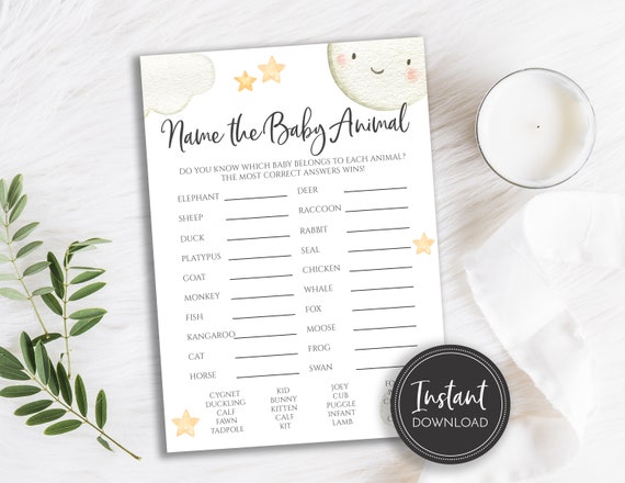 To the Moon and Back Name the Baby Animal Baby Shower Game Clouds Stars Moon Digital Instant Download Printable, BA-65 Il_570xn