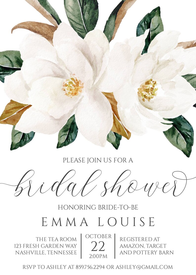 Magnolia Bridal Shower Invitation Magnolia Invite White Etsy