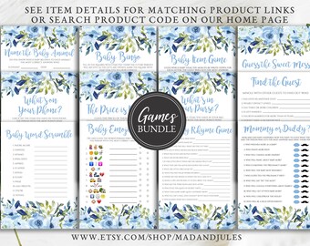 Blue Floral Baby Shower Game Bundle (Instant Download)