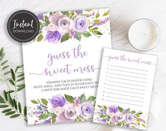 Lavender Purple Floral Guess the Sweet Mess Game, Baby Shower Game, Diaper Candy Bar Game, Instant Download, Printable Game, BA-02