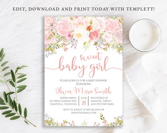 Pink Sweet Baby Girl Shower Invitation Soft Pink Blush Cream Ivory Flowers Digital Instant Download Editable Template  DIY Printable, BA-131