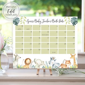 Jungle Safari Animals Baby Shower Due Date Calendar Template, Guess Baby's Birthday, 8x10 and 16x20, Digital Download Editable, BA-BA-85 image 1