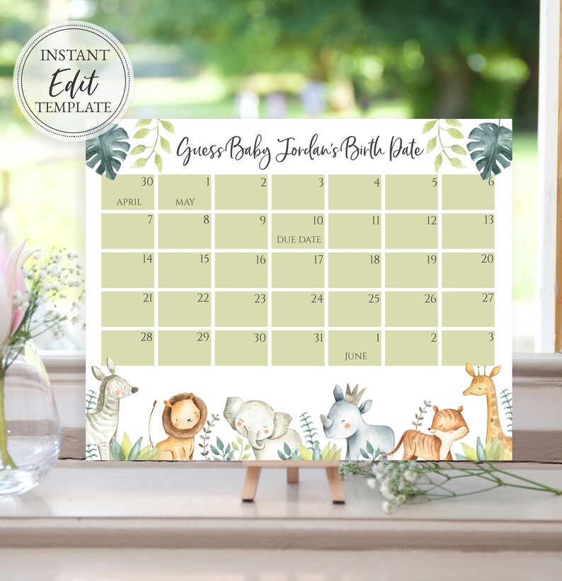 Jungle Safari Animals Baby Shower Due Date Calendar Template, Guess Baby's Birthday, 8x10 and 16x20, Digital Download Editable, BA-BA-85 image 1