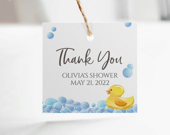 Rubber Duck Favor Tag, Gift Tag, Baby Shower Favor Tag, Gender Neutral, Blue Yellow Ducks, Bubbles, Bath, Digital Template, BA-149