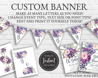 Purple Floral Banner Template, Violet Lavender, Baby Shower, Bridal Shower, Printable, Template, BA-178, BA-180, BR-8