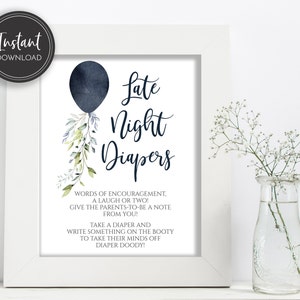 Navy Balloon Late Night Diapers Sign: Baby Boy Table Decor (Printable, Instant Download)